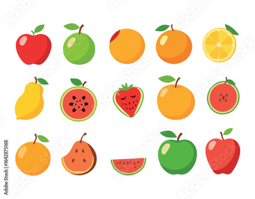 Fresh Tropical and Exotic Colorful Fruits Vector Bundle Set, Flat Design of Watermelon, Mango, Orange, Banana, Pineapple, Apple, Grapes, Berries on white background.