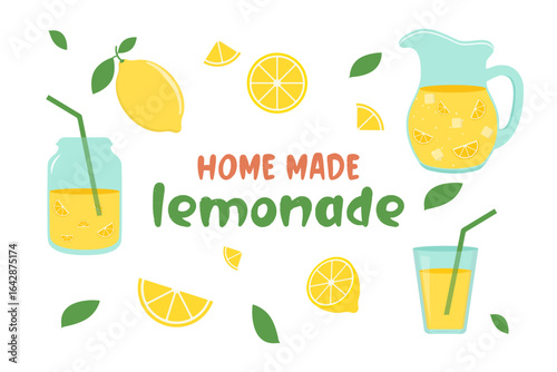 Homemade lemonade set. Fresh juicy lemon drinks and fruits. Tropic summer mint cocktails. Hand drawn vector illustration isolated on white background