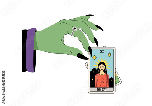 Dark, mystical image of a green witchs hand with long black nails holding a tarot card suitable for halloween or occult themes.