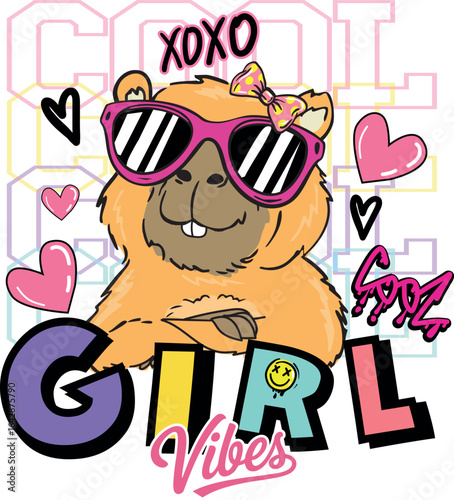 bright summer print with capybara. Typography slogan  for t-shirts.  for greeting card, t shirt printing and embroidery, Graphic tee and printed tee. Girlish print
