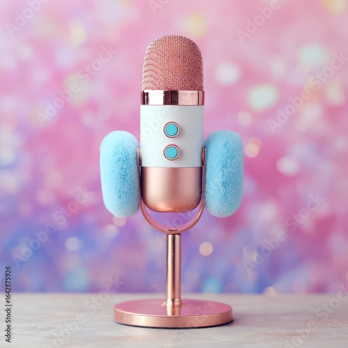 Rose gold microphone with light blue accents and soft cushions, on a stand, against a blurred pink and purple background