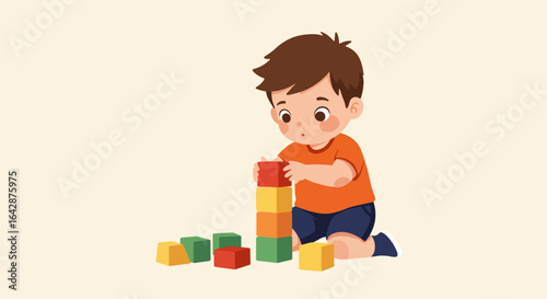 Curious young boy intently stacking colorful building blocks, fostering early learning and imaginative play in a bright, simple setting