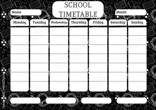 Blank school timetable template with black and white stationery background