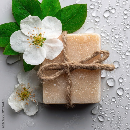 Light beige bar soap, tied with twine, surrounded by white blossoms and water droplets on a gray background