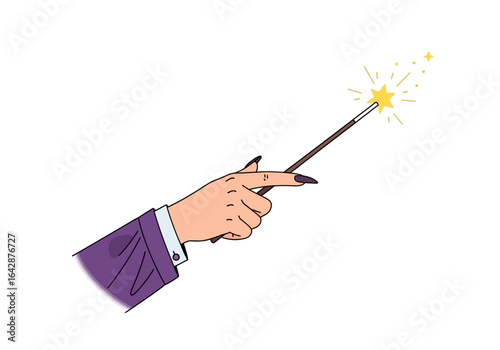 Hand holding magic wand with yellow stars suitable for childrens book illustrations, fantasythemed designs, and magical marketing materials.