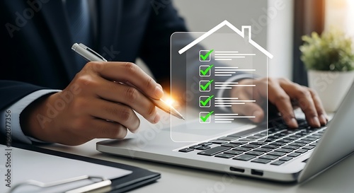 Real estate agent checking property list on laptop for business