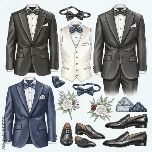 Elegant Watercolor Illustrations of Formalwear Accessories and Groom Attire.