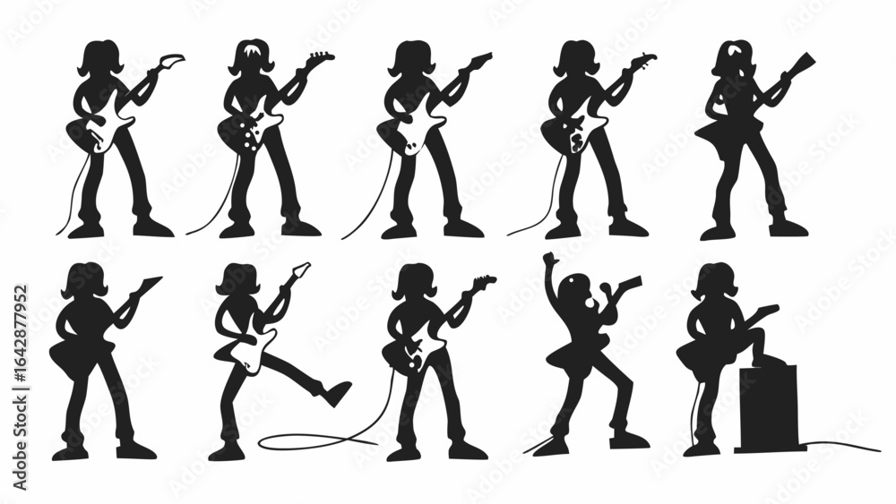Fototapeta premium Silhouettes of guitarists performing on stage with different poses and playing styles in black and white style