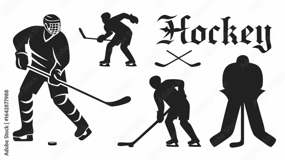 Fototapeta premium Silhouetted hockey players in action poses with crossed sticks and the word hockey in gothic font design
