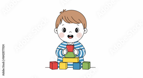 Joyful toddler gleefully stacking colorful building blocks, learning and developing motor skills in a playful, imaginative moment