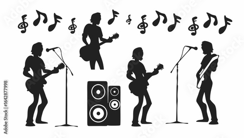 Silhouette of a rock band performing on stage with musical notes and speakers in black and white style