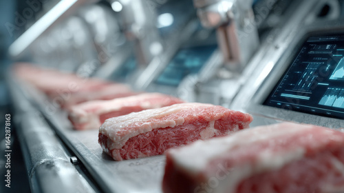 futuristic automated factory producing labgrown meat substitutes using advanced technology