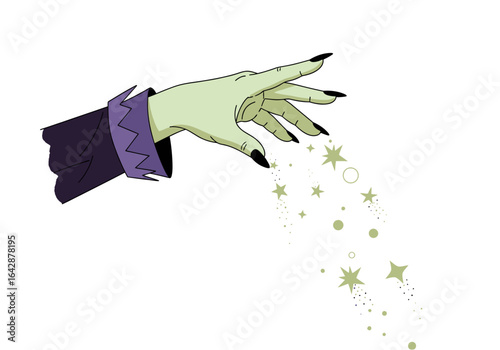 Magical image of a witchs hand casting stars, suitable for halloween, fantasy, and mystical themed designs and projects.