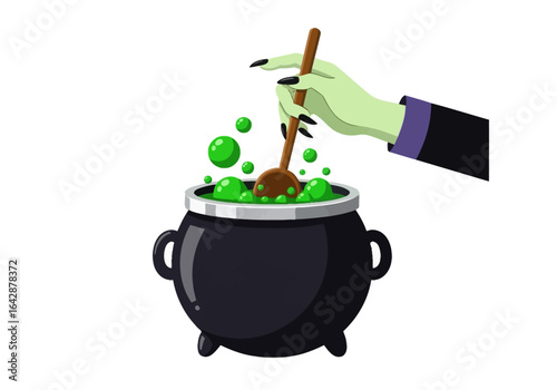 Green witch hand stirs bubbling green potion in cauldron. Perfect for halloween, magic, witchcraft, spooky themes, and potionmaking concepts.