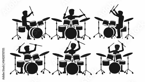 Silhouetted drummers playing drum sets with sticks in a musical performance arrangement of six images