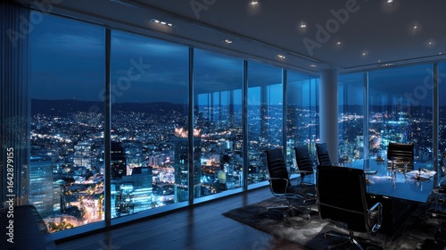 Panoramic city view from a modern office space at night.