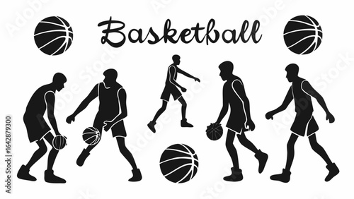 Silhouettes of basketball players dribbling and moving with basketballs on a white background design vector