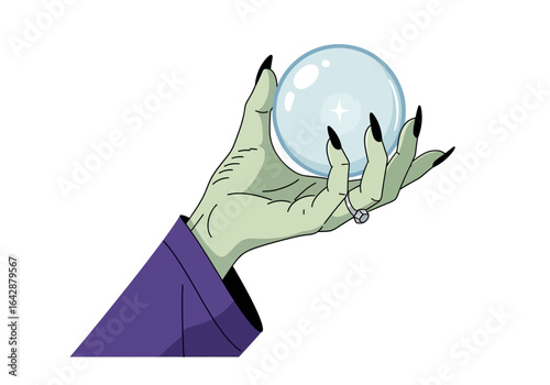 Green hand holds a crystal ball. Suitable for mystical, fortunetelling, psychic, and magic concepts in various design projects.