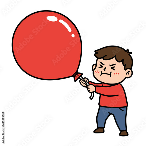A cartoon boy with a strained expression struggling to hold a giant shiny red balloon.
