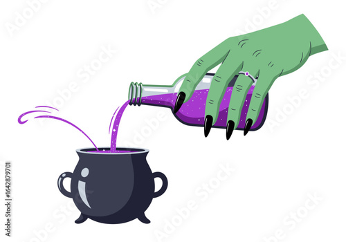 Green hand pouring purple liquid into cauldron. Witch potion brewing, halloween decoration, magic spell, fantasy concept, alchemy illustration.