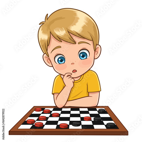 A thoughtful young boy with blond hair and blue eyes concentrating on a game of checkers.