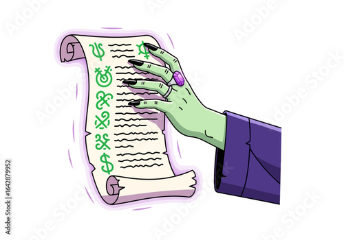 Magical green hand holding a scroll with symbols glowing purple. Perfect for fantasy book covers or mystical designs.