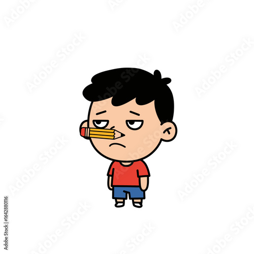 Bored cartoon boy with black hair balancing a yellow pencil on his upper lip.