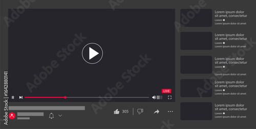 Multimedia video player with play button, play video window with navigation icons, video streaming frame on internet, modern social media video player interface template live digital stream