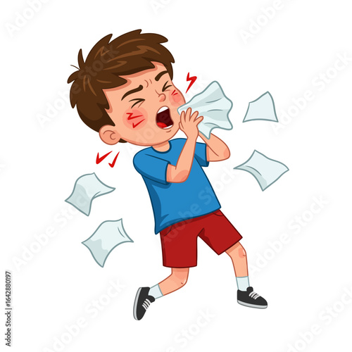 The boy is coughing and holding a tissue.