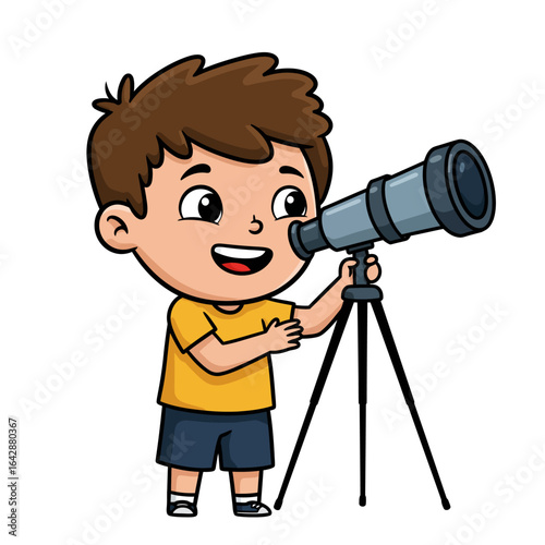 Cartoon Boy Gazing Through Telescope with Tripod Smiling Expression.