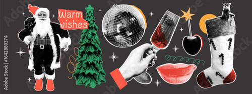 Halftone Christmas party collage. Retro pop art stickers of Santa, tree, disco ball, hand with glass of champagne, lips, cherry, stocking. Elements with dotted texture and vintage style.