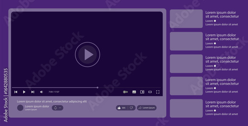 Video player template interface: blank mockup for a video player web UI design. Stock vector suitable for showcasing multimedia player templates on websites.