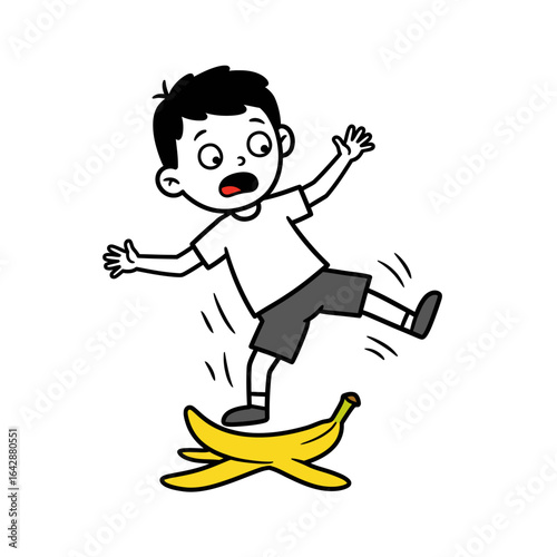 Cartoon boy slipping on a bright yellow banana peel midfall with wide eyes and open mouth.