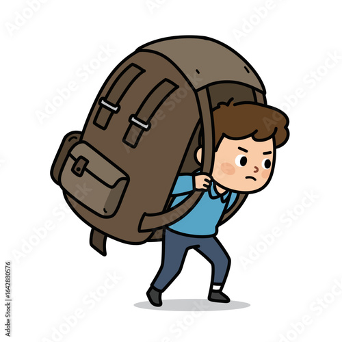 Cartoon Boy Struggling to Carry Oversized Brown Backpack with Strained Expression.