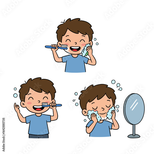 Cartoon boy with brown hair in a blue shirt performing his daily hygiene routine brushing teeth and washing his face with soap.