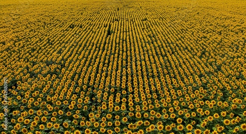 An expansive aerial view of a vibrant yellow sunflower field with plants arranged in perfect, converging rows.