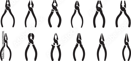 Pliers and Cutters Glyph Set, Black Tool Silhouettes for Workshop and Hardware Graphics.