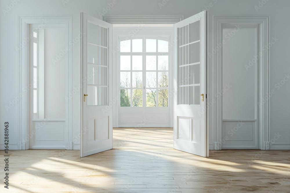 Fototapeta premium Living room interior with opened doors, offering a spacious and airy atmosphere. 3D rendering, Generative AI
