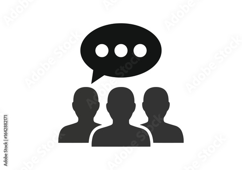 Vector illustration of photo of three silhouetted figures with a black speech bubble containing three dots above them, symbolizing communication or discussion, isolated on white background