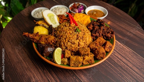 A Delicious and Colorful Sri Lankan Meal on a Wooden Table Close Up.