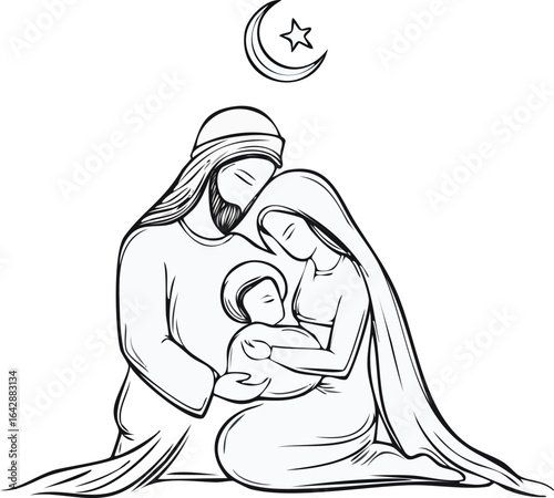 Mary and Baby Jesus Line Art Illustration – religious Christian nativity drawing.