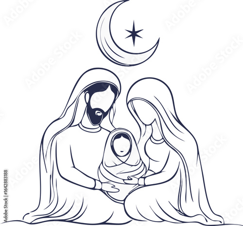 Mary and Baby Jesus Line Art Illustration – religious Christian nativity drawing.
