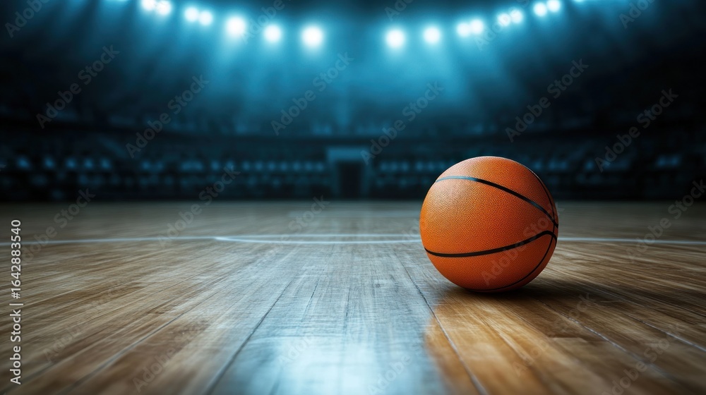 Naklejka premium Basketball on wooden court in arena