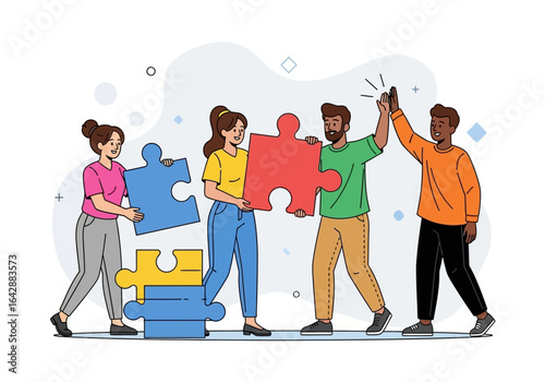 Teamwork concept with diverse people holding puzzle pieces, celebrating success. Suitable for corporate and teambuilding designs.