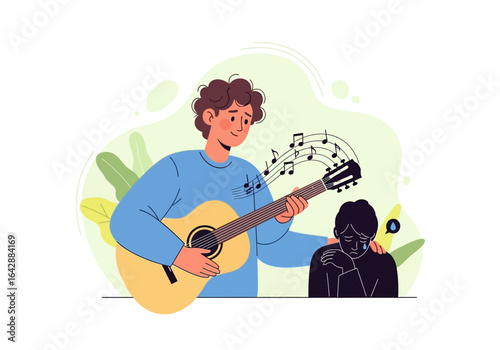 Man playing guitar to cheer up person with floating music notes. Suitable for music therapy, mental health, inspirational concepts.