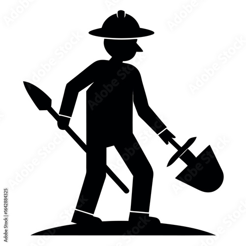 Vector art of silhouette of an archaeologist with a shovel and spear isolated on white background
