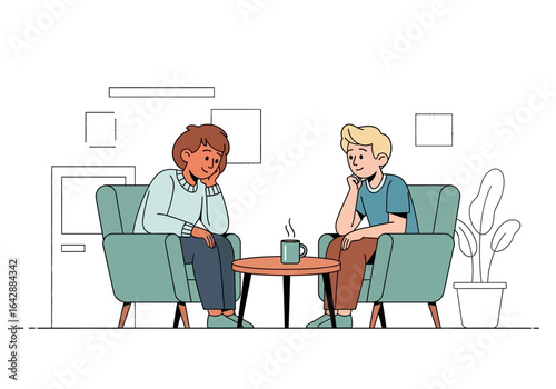 Two people in armchairs facing each other talking quietly. Perfect for mental health blogs, therapy resources, counseling services, and communication concepts.