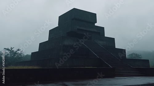 Geometric architecture of the monumental pyramid under a heavy foggy sky evoking mystery