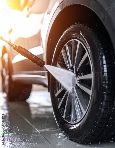 Close-up of a car wheel being pressure washed