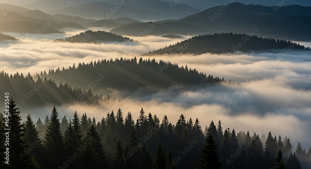 Fototapeta premium Sunrise Serenity: Misty Mountain Majesty